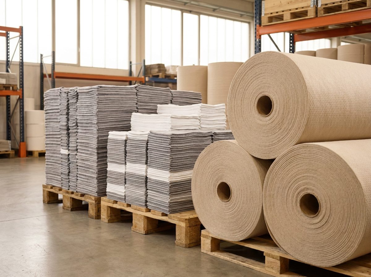 Stacks of technical cleaning nonwovens and rolls on pallets in the warehouse