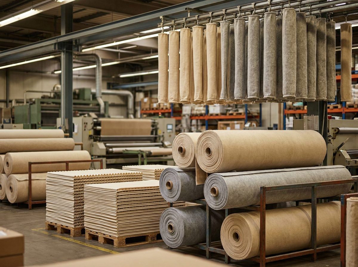 Production floor — needle-punch lines, filter sleeves and material rolls