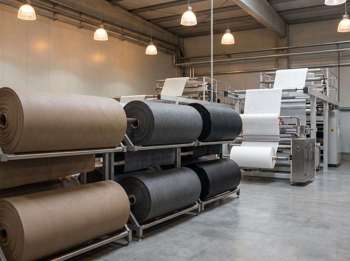 Synthetic-leather material rolls and draped samples on the production floor