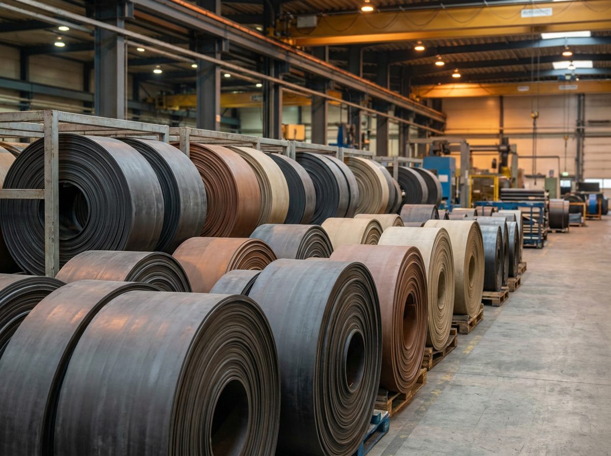 Rows of rubber conveyor belt rolls in the plant