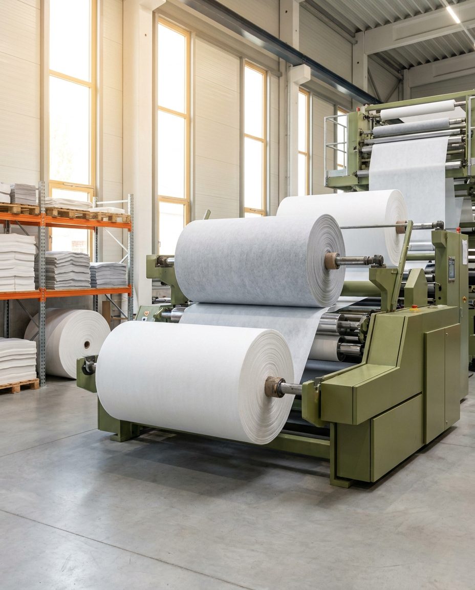 Konus Konex warehouse — pallets of needle-punched nonwoven pads and technical textile rolls